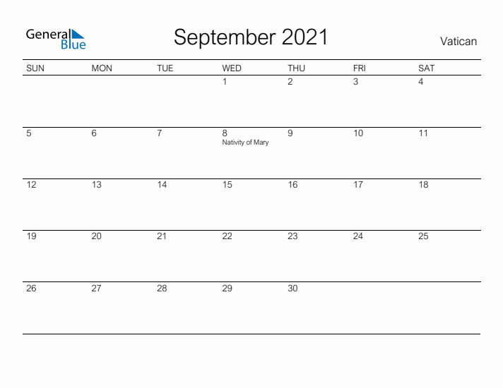 Printable September 2021 Calendar for Vatican