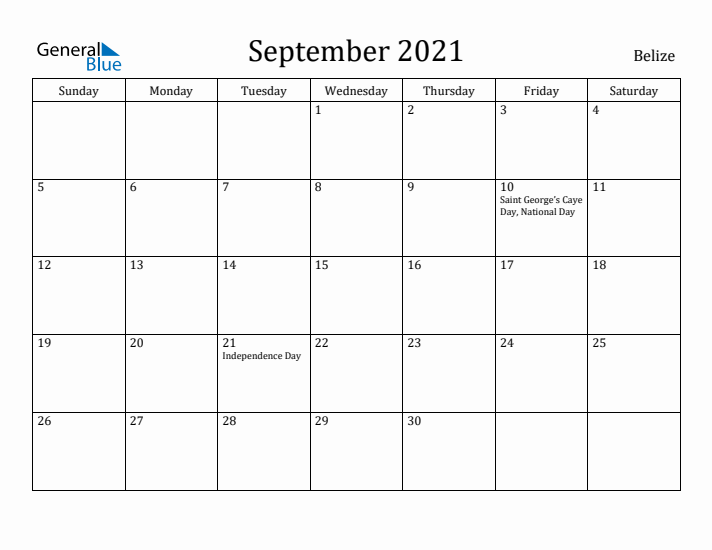 September 2021 Calendar Belize