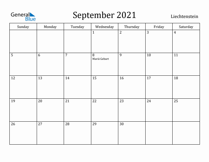 September 2021 Calendar Liechtenstein