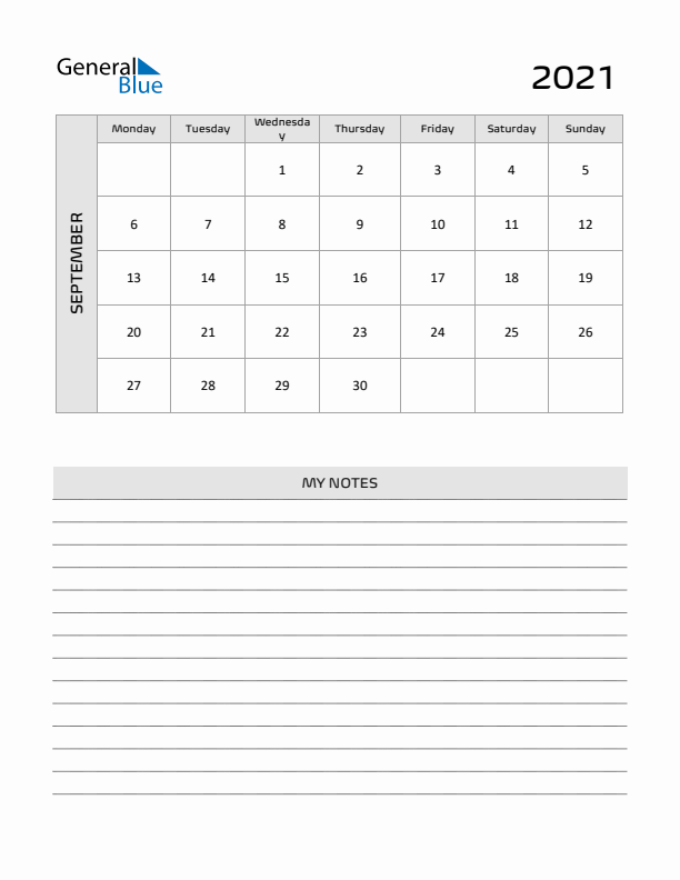 September 2021 Calendar Printable