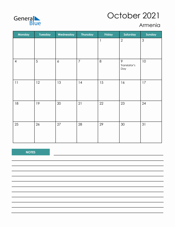 Calendar with Notes Printable - Monday Start