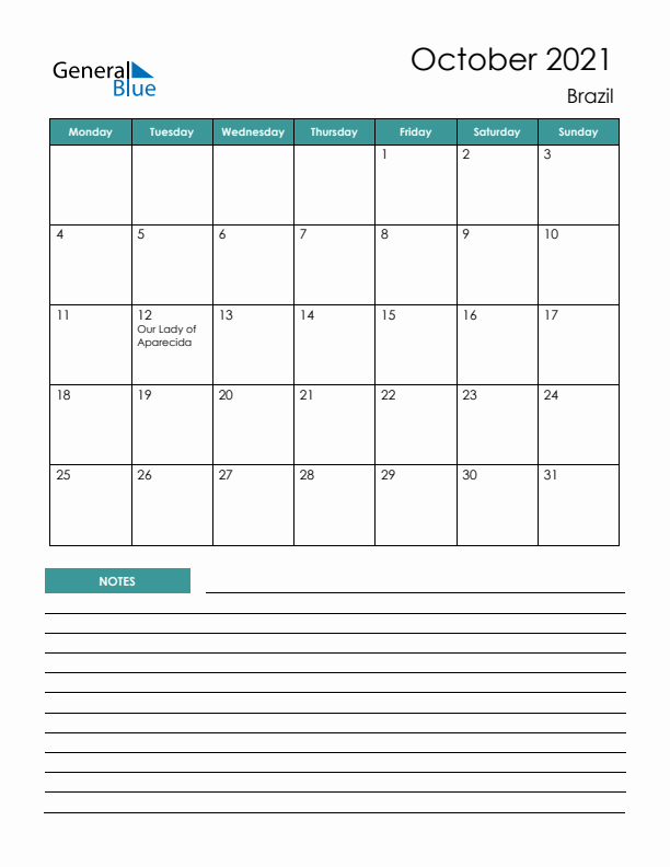 Calendar with Notes Printable - Monday Start