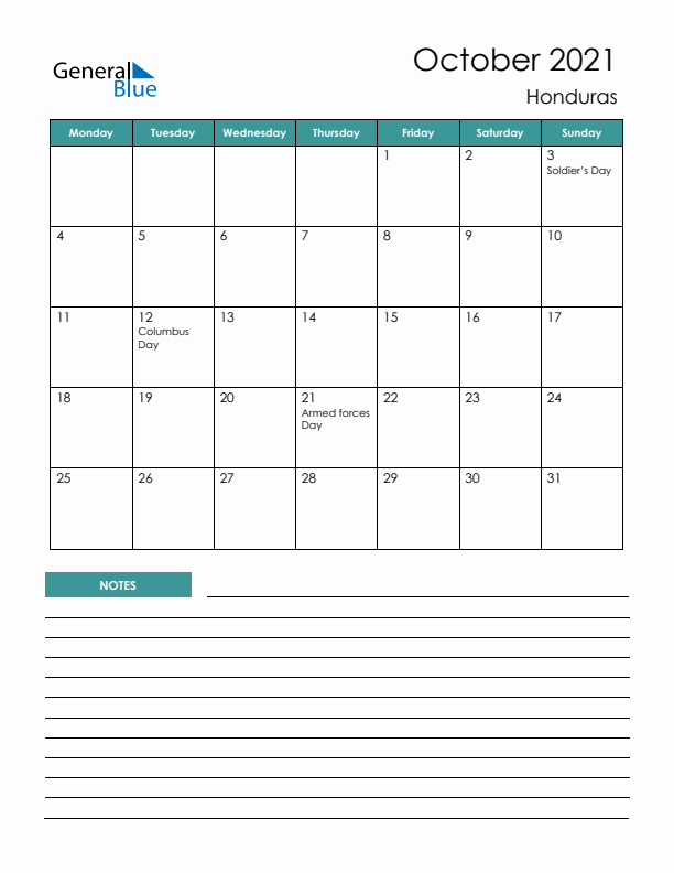 Calendar with Notes Printable - Monday Start