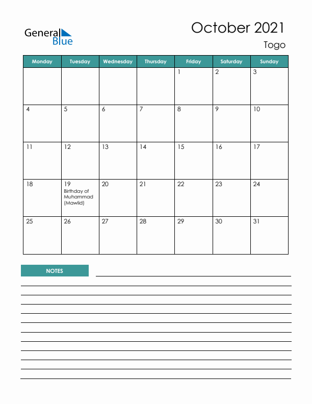 Calendar with Notes Printable - Monday Start