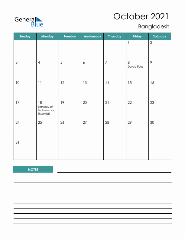 Calendar with Notes Printable - Sunday Start