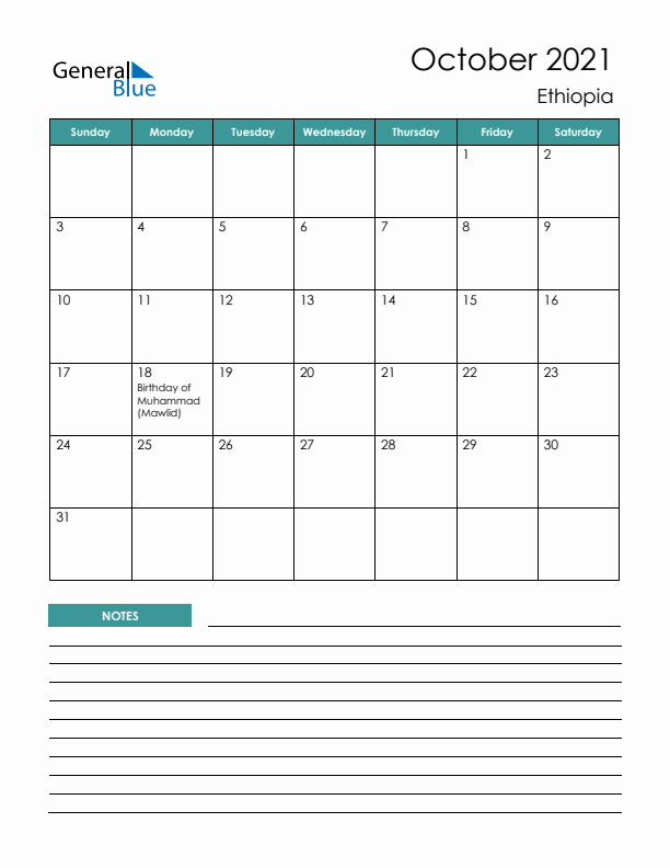 Calendar with Notes Printable - Sunday Start