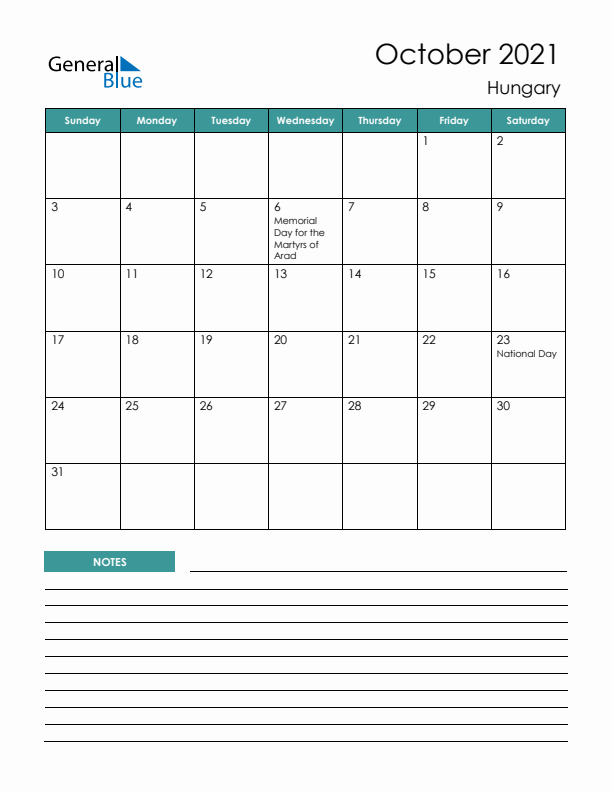 Calendar with Notes Printable - Sunday Start