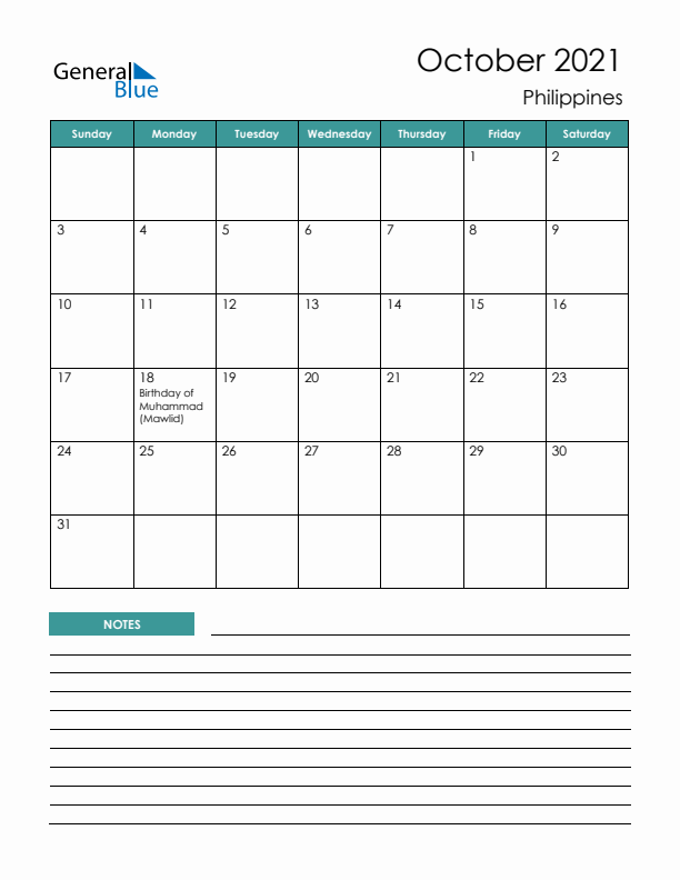 Calendar with Notes Printable - Sunday Start