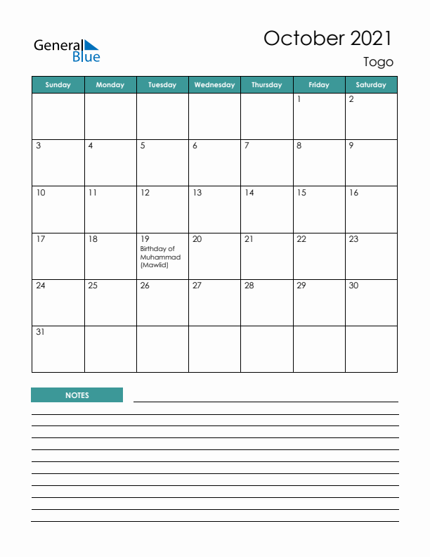 Calendar with Notes Printable - Sunday Start