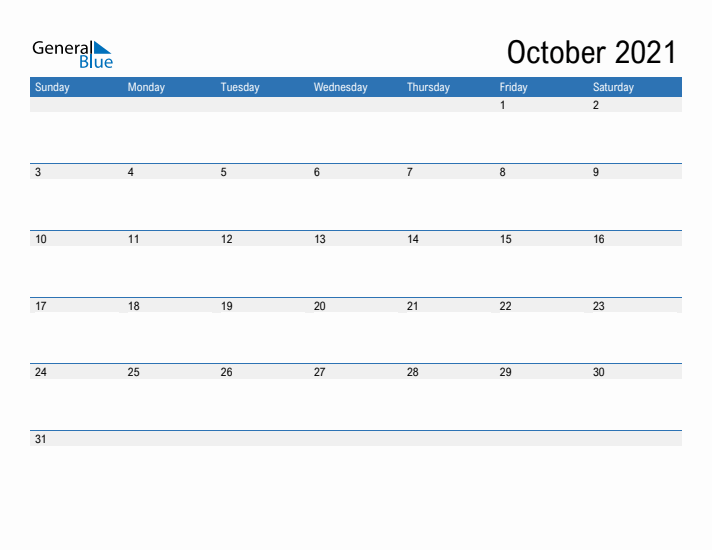 Fillable Calendar for October 2021