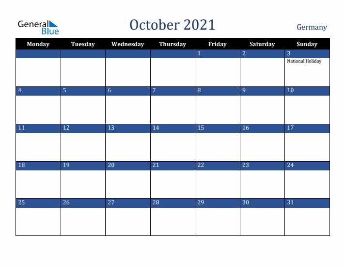 October 2021 Germany Calendar (Monday Start)