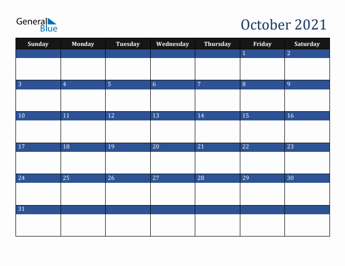 Sunday Start Calendar for October 2021