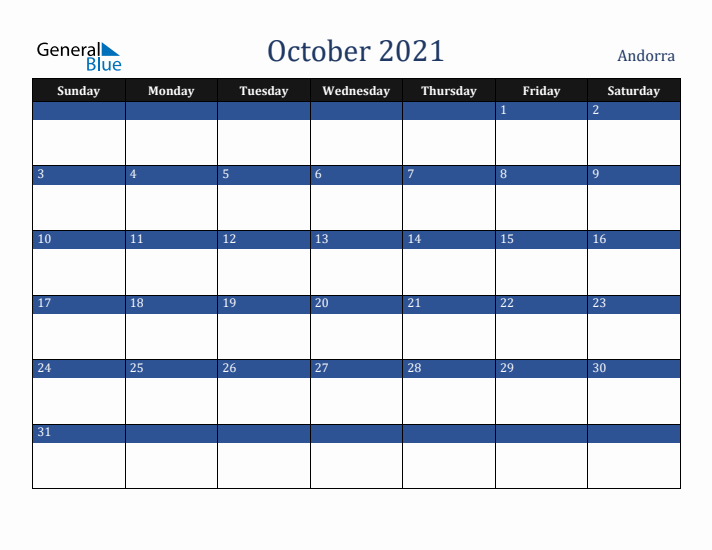 October 2021 Andorra Calendar (Sunday Start)