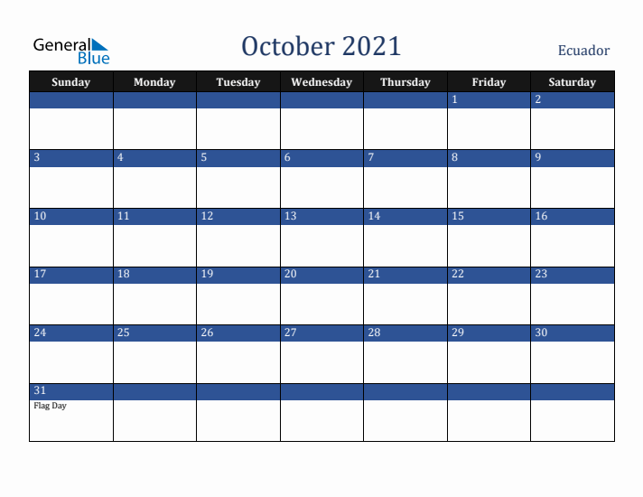 October 2021 Ecuador Calendar (Sunday Start)