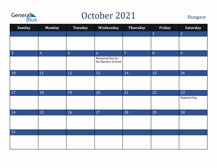 October 2021 Hungary Calendar (Sunday Start)