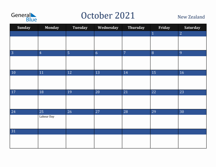 October 2021 New Zealand Calendar (Sunday Start)