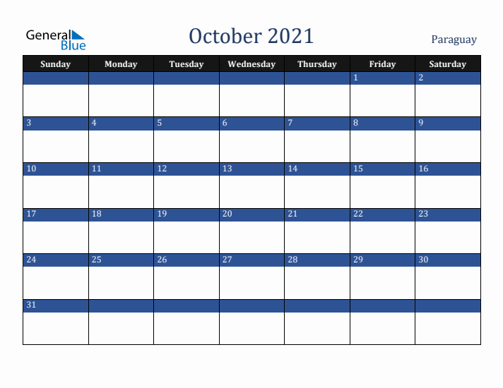 October 2021 Paraguay Calendar (Sunday Start)