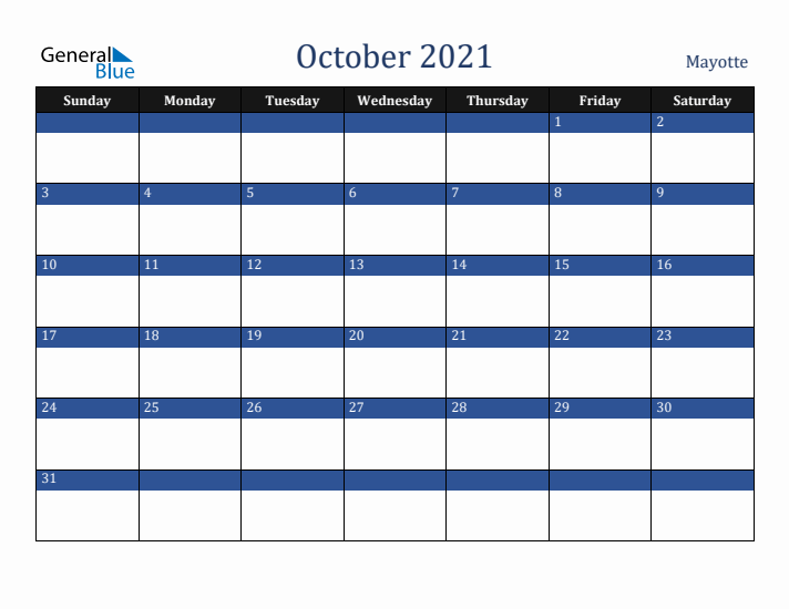 October 2021 Mayotte Calendar (Sunday Start)