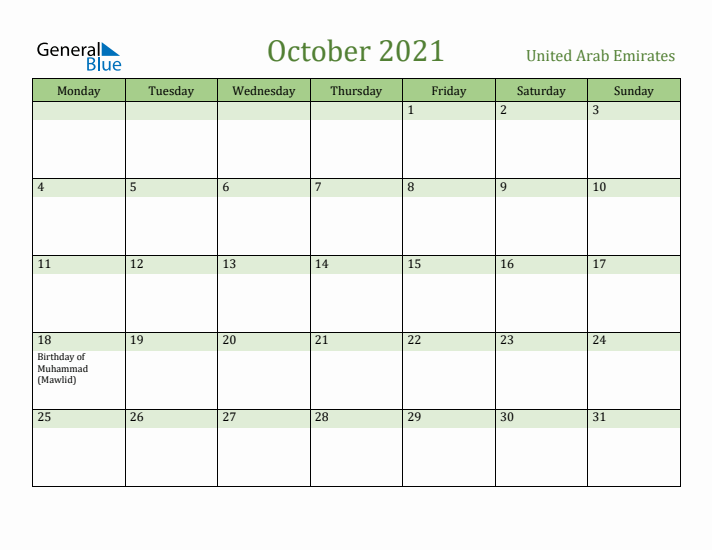 October 2021 Calendar with United Arab Emirates Holidays