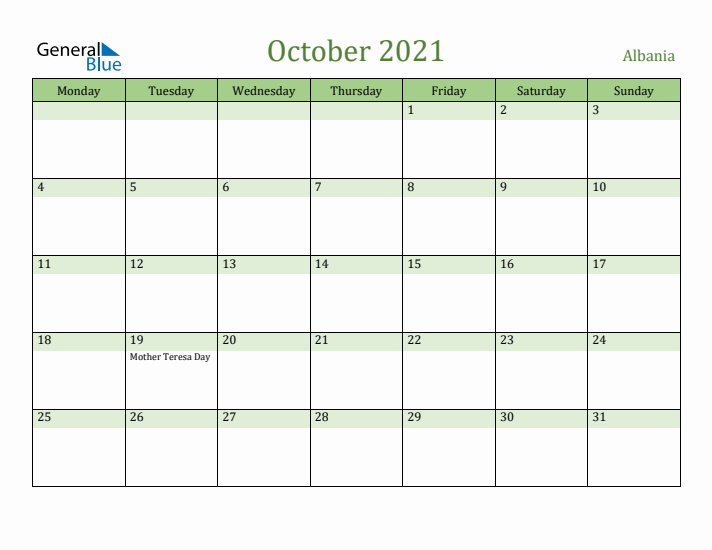 October 2021 Calendar with Albania Holidays