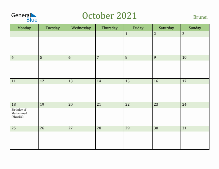 October 2021 Calendar with Brunei Holidays