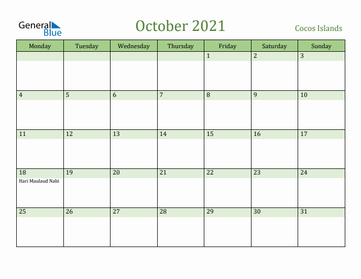 October 2021 Calendar with Cocos Islands Holidays