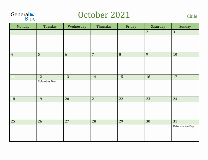 October 2021 Calendar with Chile Holidays