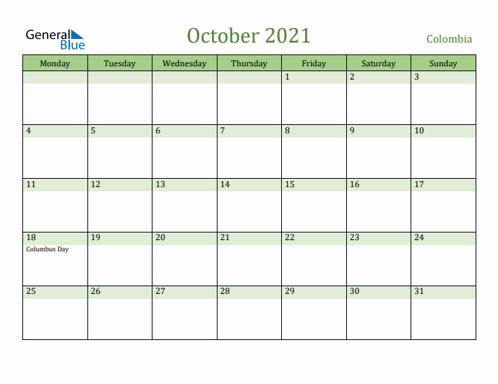 October 2021 Calendar with Colombia Holidays