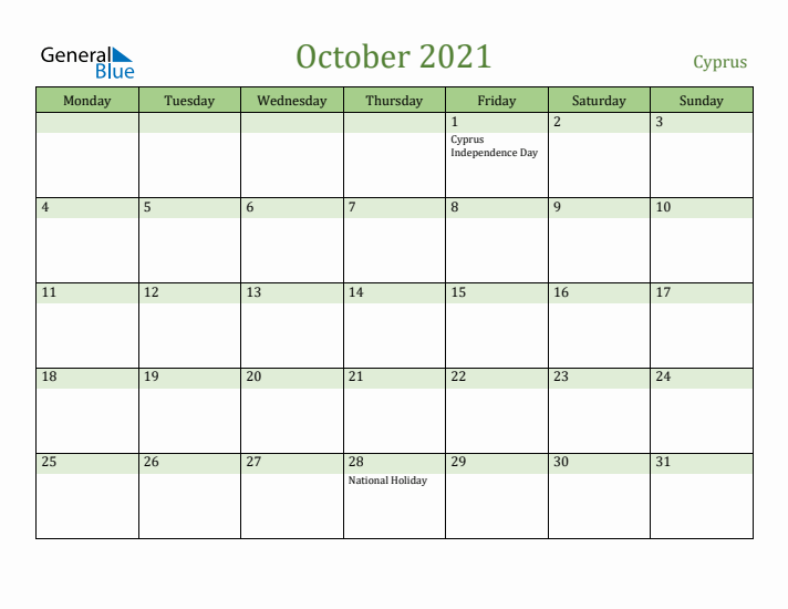 October 2021 Calendar with Cyprus Holidays