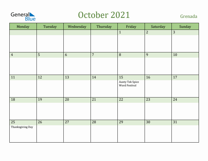 October 2021 Calendar with Grenada Holidays