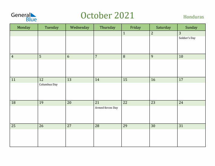 October 2021 Calendar with Honduras Holidays