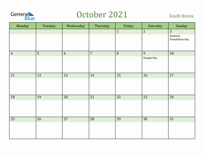 October 2021 Calendar with South Korea Holidays