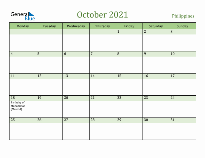 October 2021 Calendar with Philippines Holidays