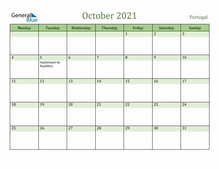 October 2021 Calendar with Portugal Holidays