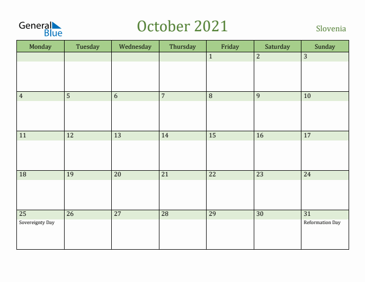 October 2021 Calendar with Slovenia Holidays