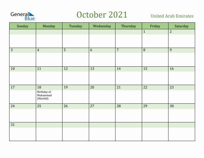 October 2021 Calendar with United Arab Emirates Holidays