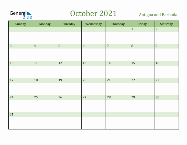 October 2021 Calendar with Antigua and Barbuda Holidays