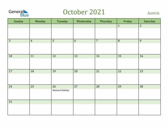 October 2021 Calendar with Austria Holidays