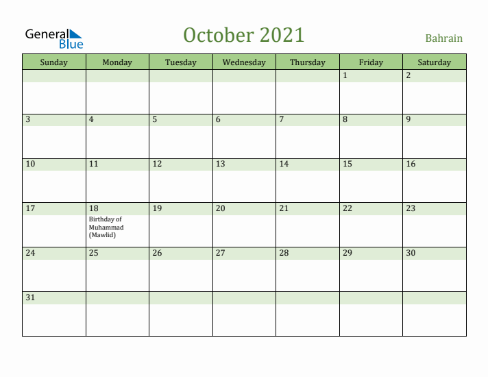 October 2021 Calendar with Bahrain Holidays