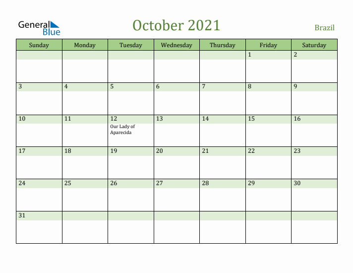 October 2021 Calendar with Brazil Holidays