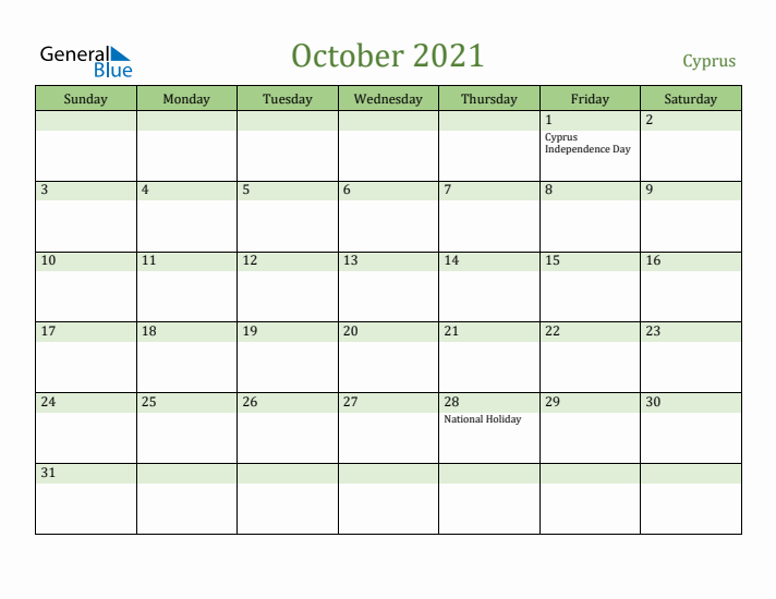 October 2021 Calendar with Cyprus Holidays