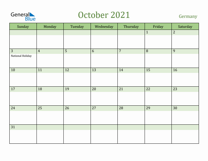 October 2021 Calendar with Germany Holidays