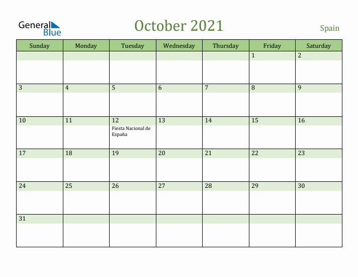 October 2021 Calendar with Spain Holidays