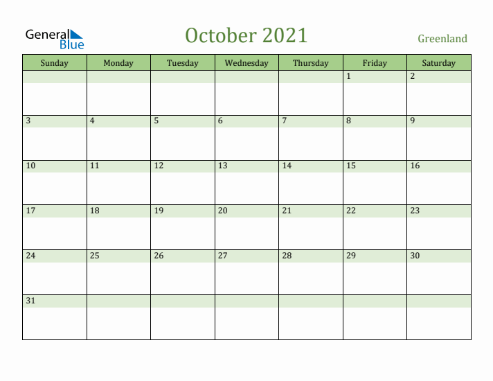 October 2021 Calendar with Greenland Holidays