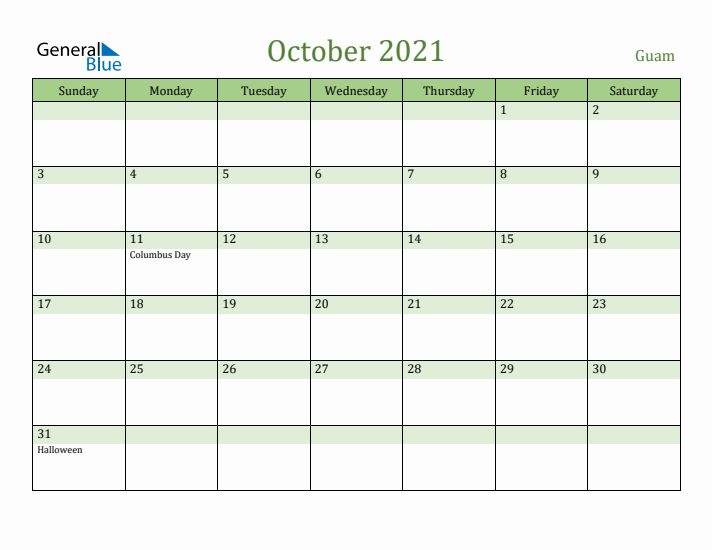 October 2021 Calendar with Guam Holidays