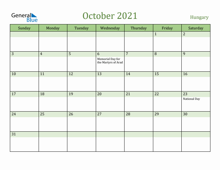 October 2021 Calendar with Hungary Holidays