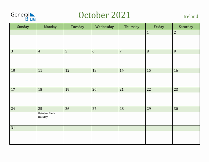 October 2021 Calendar with Ireland Holidays