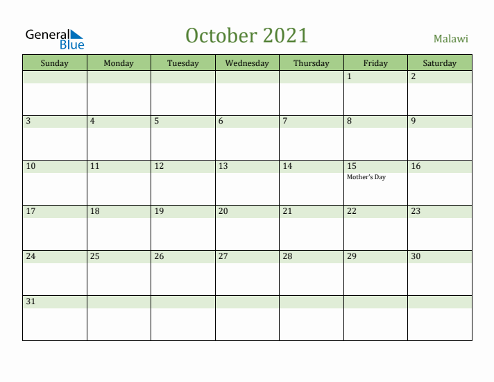 October 2021 Calendar with Malawi Holidays