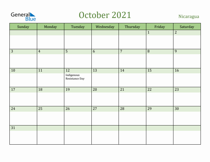 October 2021 Calendar with Nicaragua Holidays