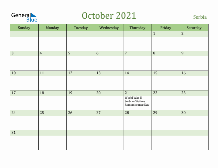 October 2021 Calendar with Serbia Holidays